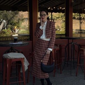 2PCS RED 1960S PLAID LAPEL SHORT COAT & SLIT SKIRT
